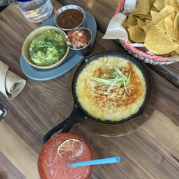 Queso, full order of guac, guava margarita with tajin rim Queso, full order of guac, guava margarita with tajin rim