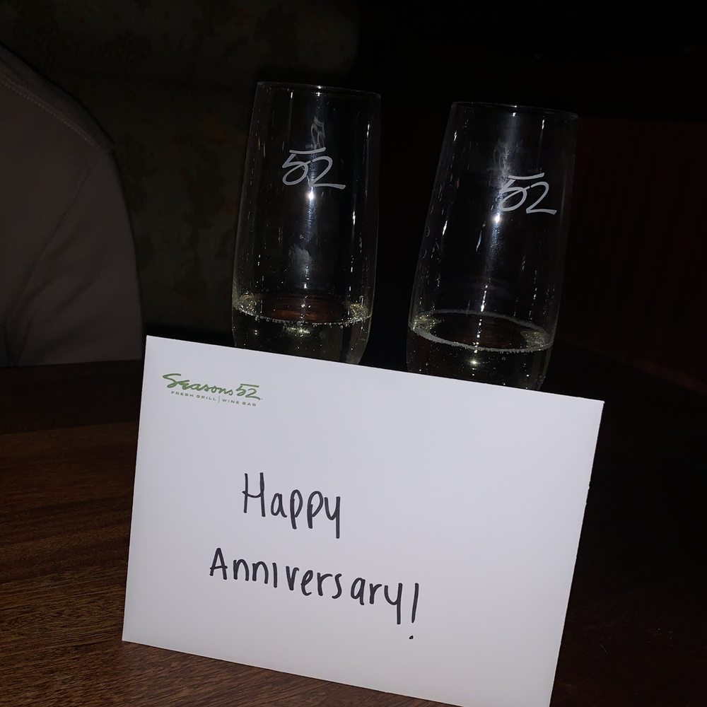 Seasons 52 - Free champagne for celebrating our anniversary - New American Near Me - Bridgewater, New Jersey Seasons 52 - Free champagne for celebrating our anniversary - New American Near Me - Bridgewater, New Jersey