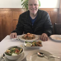 Thai Fried Rice with Shrimp, Fried Calamari, and long life soup with extra vegetables