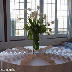 New England Gardens - Ceremony arrangement repurposed on the place card table made by New England Gardens
