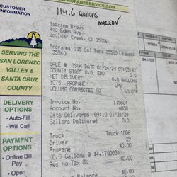Mountain Propane Service - Zero gallons delivered yet handwritten is 114.6 gallons in same writing mailed and check mark. Do technicians mail out bills?