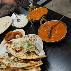 Taj Cafe - Garlic naan, paneer karahi, shrimp korma