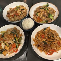 Absolute Thai-Sushi - Drunken Noodle with chicken, Pad See-ew with chicken, street noodle with chicken, and Drunken Noodle with tofu