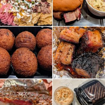 The Switch - Collage of Food  Nachos, Brisket Sandwich with Coleslaw, Puppies, Pork Belly Burnt Ends, Ribs, and Desserts - Barbeque Near Me - Austin, Texas