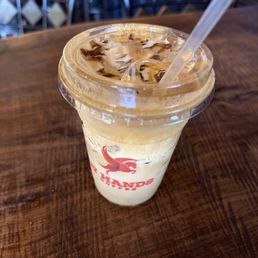 Samoa, shaken espresso. Spice brown sugar, salted cold foam, coconut