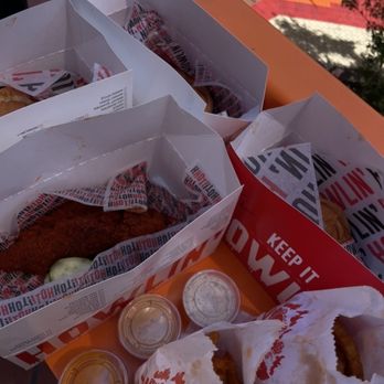 Howlin' Ray's - Hot sando, Medium sando, Medium tenders (3) & 2 orders of fries, 3 dipping sauces (01) - Southern Near Me - Los Angeles, California Howlin' Ray's - Hot sando, Medium sando, Medium tenders (3) & 2 orders of fries, 3 dipping sauces (01) - Southern Near Me - Los Angeles, California