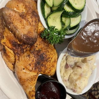 Modern Snack Bar - Half roast chicken, mashed potatoes, sautéed zucchini, gravy, and cranberry sauce. Delicious! - Seafood Near Me - Aquebogue, New York Modern Snack Bar - Half roast chicken, mashed potatoes, sautéed zucchini, gravy, and cranberry sauce. Delicious! - Seafood Near Me - Aquebogue, New York