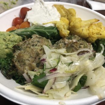 Blue Park Kitchen - Turkey meatballs w fennel slaw, avocado, tomatoes, cauliflower, ricotta, over grilled kale w avocado goddess dressing - delicious! - New American Near Me - New York, New York