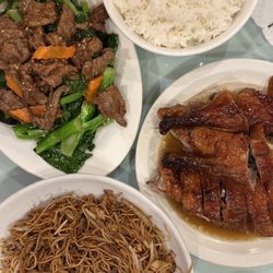Golden Joy BBQ - Combination stir fried noodles, 1/2 roasted duck, beef with Chinese broccoli