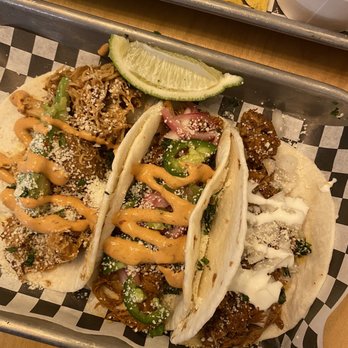 El Jefe Taco Joint - From left to right - chicken, carnitas, barbacoa tacos! - Tacos Near Me - Anchorage, Alaska