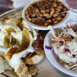 Sandy's Restaurant & RV PARK - Sweet chilli chicken Philly sandwich with coleslaw and baked beans