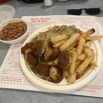 Henry James Bar B Que - Pulled pork tray with hush puppies,French fries and pinto beens - Barbeque Near Me - Asheboro, North Carolina Henry James Bar B Que - Pulled pork tray with hush puppies,French fries and pinto beens - Barbeque Near Me - Asheboro, North Carolina