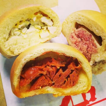 Kolache Factory - Forced to cut into all of them to know what's what - pepperoni, Italian chicken, & ham and cheese - Bakeries Near Me - Tustin, California
