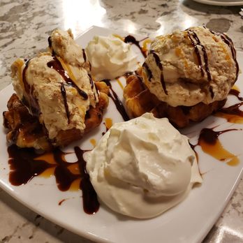 Mongolian Grill - Belgium waffle with salted caramel ice cream. - Mongolian Near Me - Whitby, Ontario Mongolian Grill - Belgium waffle with salted caramel ice cream. - Mongolian Near Me - Whitby, Ontario