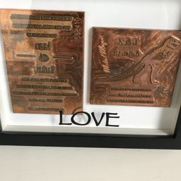 The custom cut dies Matthew Ordered so he could gold emboss our invitations. So cool, I framed them too!