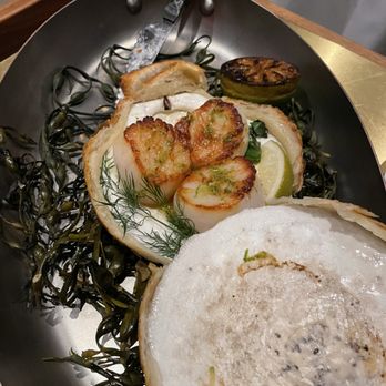 Le Pavillon - Saint Jacques New England Sea Scallops baked in their shell - French Near Me - New York, New York Le Pavillon - Saint Jacques New England Sea Scallops baked in their shell - French Near Me - New York, New York