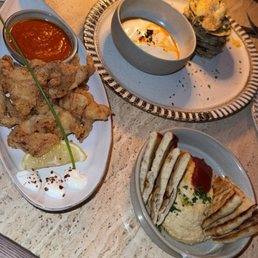 Hummus, calamari and eggplant chips with yogurt.