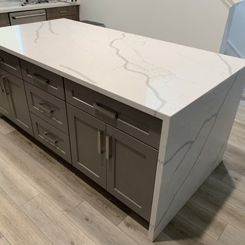 Homeplus Kitchen and Bath - Finished quartz island with waterfall, grey shaker cabinets - Countertop Installation Near Me - Lawndale, California Homeplus Kitchen and Bath - Finished quartz island with waterfall, grey shaker cabinets - Countertop Installation Near Me - Lawndale, California
