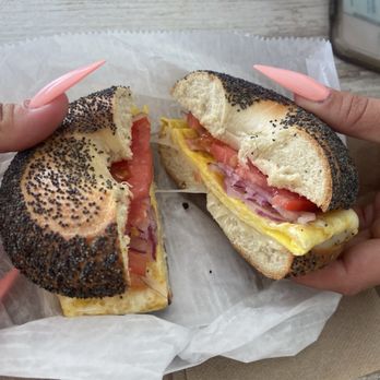 Bagel Island Sandwich Shoppe - Toasted poppy bagel with egg, cheese, tomato and onion - Delis Near Me - Big Pine Key, Florida Bagel Island Sandwich Shoppe - Toasted poppy bagel with egg, cheese, tomato and onion - Delis Near Me - Big Pine Key, Florida