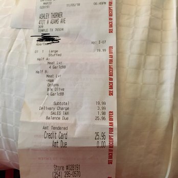 Pizza Hut - a receipt for a pizza order - Pizza Near Me - Temple, Texas Pizza Hut - a receipt for a pizza order - Pizza Near Me - Temple, Texas
