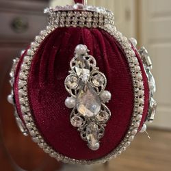 Hunt - Red velvet 4" ornament with rhinestones and pearls.