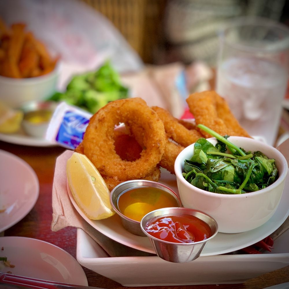 FishBar - Onion rings and spinach - Seafood Near Me - Manhattan Beach, California FishBar - Onion rings and spinach - Seafood Near Me - Manhattan Beach, California