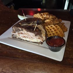Jive Turkey Reuben With Waffle Fries.  $15.95 With A $2.50 Waffle Fries Upgrade, So $18.45 Total.  Made 2 Meals Out Of This.