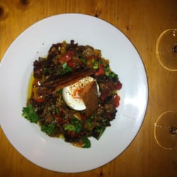 Le Galoubet - Vegetable starter. Chopped, roasted, chilled local vegetables with bacon and a soft boiled egg.