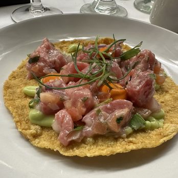 Holbox - (Private event / tasting) Bluefin tuna tostada - avocado puree and Arbol-peanut sauce; Chef describing the tostada process was amazing - Latin American Near Me - Los Angeles, California Holbox - (Private event / tasting) Bluefin tuna tostada - avocado puree and Arbol-peanut sauce; Chef describing the tostada process was amazing - Latin American Near Me - Los Angeles, California