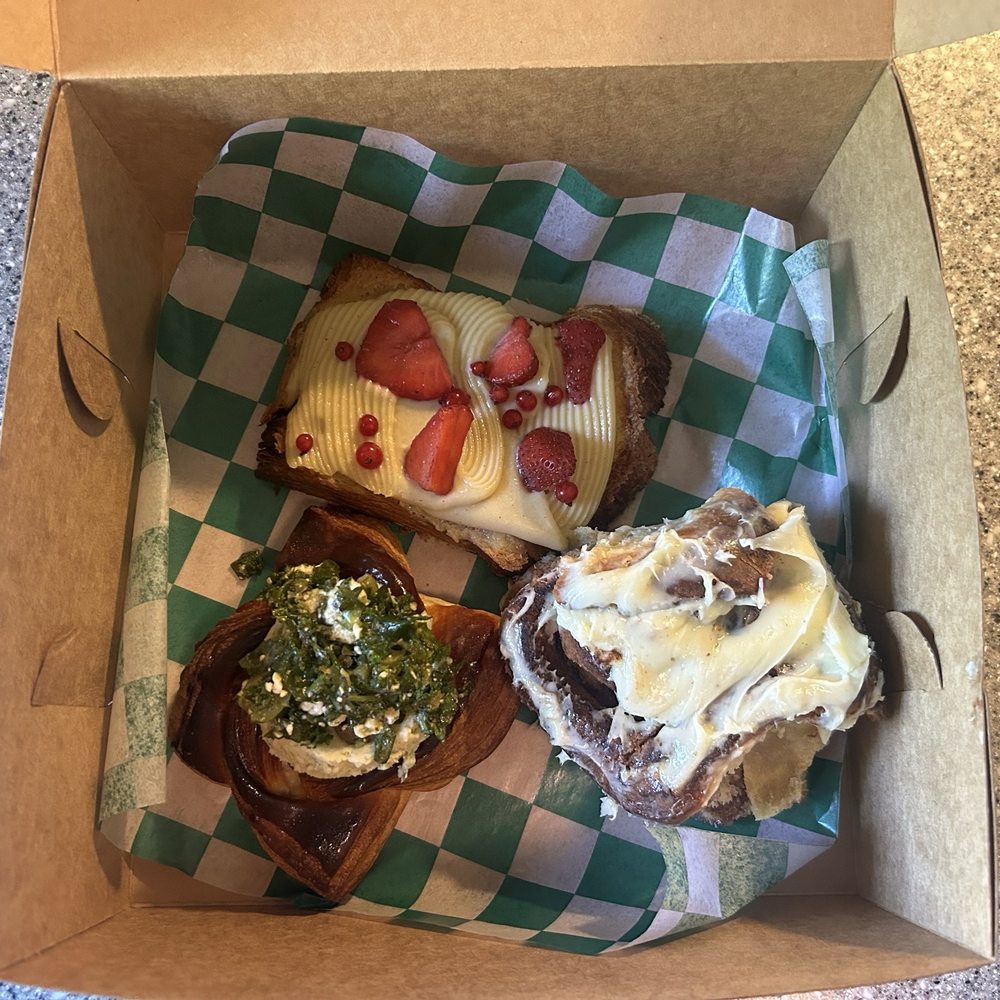 Borage - Clockwise from top: sweet croissant/pbj bostock; cinnamon roll; savory croissant w/white bean and garlic scape - Breakfast & Brunch Near Me - Indianapolis, Indiana