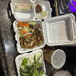 Pho and V4. Tofu Stir Fried Lemongrass on Rice Vermicelli Bowl and A2a. Fresh Shrimp Spring Rolls