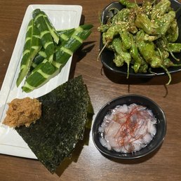 Miso Cucumber, tako wasa, shishito peppers Miso Cucumber, tako wasa, shishito peppers