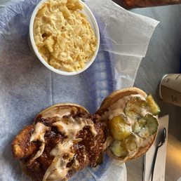 Hot chicken sandwich Mac n cheese Hot chicken sandwich Mac n cheese