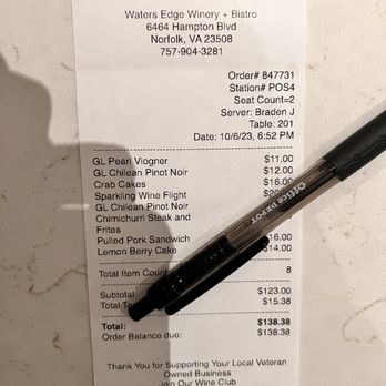 Waters Edge Wineries - The bill. Not too shabby!!! - Wineries Near Me - Norfolk, Virginia Waters Edge Wineries - The bill. Not too shabby!!! - Wineries Near Me - Norfolk, Virginia