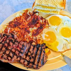 Steak and Eggs Hash Browns and Sourdough Toast