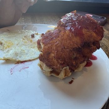 Jams Old Market - Chicken and waffle, and yes, my husband did order the eggs "over hard" like this. It is how he likes them. - American Near Me - Omaha, Nebraska Jams Old Market - Chicken and waffle, and yes, my husband did order the eggs "over hard" like this. It is how he likes them. - American Near Me - Omaha, Nebraska
