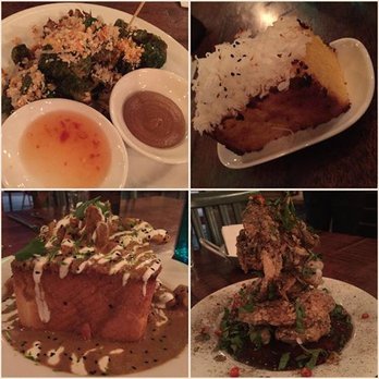 Nue - Clockwise from upper left corner: East Indies Brussels Sprouts, Pineapple Cornbread, Chengdu Spicy Wings, South African Bunny Chow, - Tapas/Small Plates Near Me - Seattle, Washington