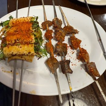 Hae Woon Dae BBQ koreanbarbecue.com - Vegetable Kababs + Chicken Hearts (This was my brothers order, gross lol) - Korean Near Me - Doraville, Georgia