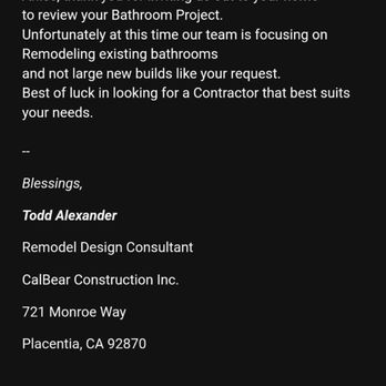 CalBear Construction - Email from Todd Alexander - General Contractors Near Me - Placentia, California