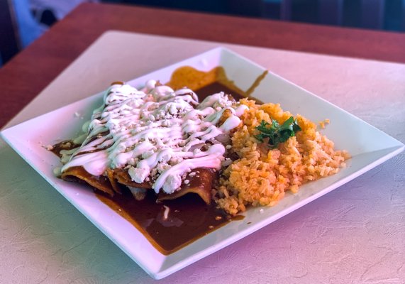 Photo of El Rincon Restaurant - San Ysidro, CA, US. Enmoladas D'Pollo: chicken-stuffed enchiladas, with mole poblano, Mexican cream, queso fresco, onion, sesame seeds, rice