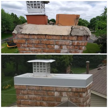 Tim's Top Hat Chimney Sweep & Service - Chimney crown before and after - Chimney Sweeps Near Me - Spring Valley, Wisconsin Tim's Top Hat Chimney Sweep & Service - Chimney crown before and after - Chimney Sweeps Near Me - Spring Valley, Wisconsin