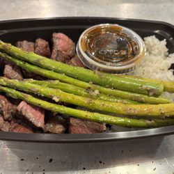 The Waystation - Soy mustard steak with rice and lemon garlic asparagus