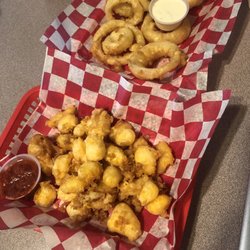 Village Pub - onion rings on top cheese curds on bottom