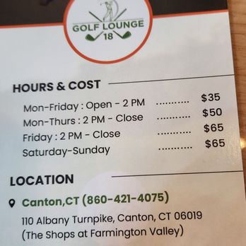 Golf Lounge 18 - A printed flyer for Golf Lounge 18 in Canton, CT shows operating hours, pricing, and contact information, including a phone number and address. - Golf Near Me - Canton, Connecticut