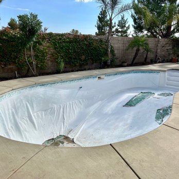 Vinyl Pool Pros - Before. We had to cut the liner during drainage, due to water getting behind the previous liner install. - Pool & Hot Tub Service Near Me - Rancho Cucamonga, California