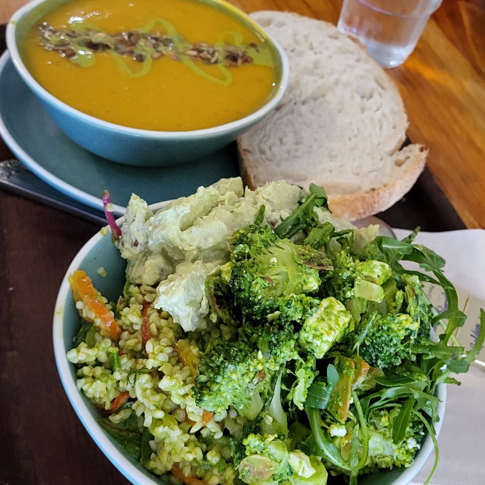Cornucopia - Curried Squash and Coconut Soup, Salads (broccoli and feta, bulgur tabbouleh, baby potato) - Vegan Near Me - Dublin, D