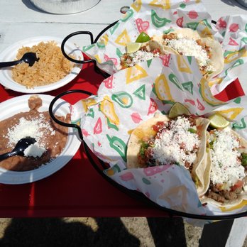 Lily's Little Mexico - Tacos with flour tortillas (queso fresco added), an order of rice, order of beans - Food Trucks Near Me - Chincoteague, Virginia
