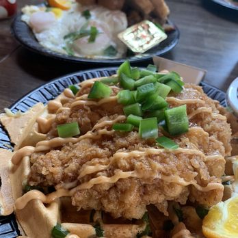 Bristol Cafe and Catering - Chicken & waffle with the hash of the day - New American Near Me - Statesville, North Carolina Bristol Cafe and Catering - Chicken & waffle with the hash of the day - New American Near Me - Statesville, North Carolina
