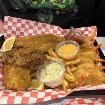 Asian Cajun - Asian Cajun Platter Catfish Crab Shrimp Fries Tarter Sauce And sliced lemons - Asian Fusion Near Me - Westminster, Colorado Asian Cajun - Asian Cajun Platter Catfish Crab Shrimp Fries Tarter Sauce And sliced lemons - Asian Fusion Near Me - Westminster, Colorado