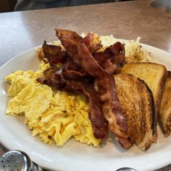 Samantha's Sunny Corner Restaurant - Two eggs scrambled bacon home fries and toast.